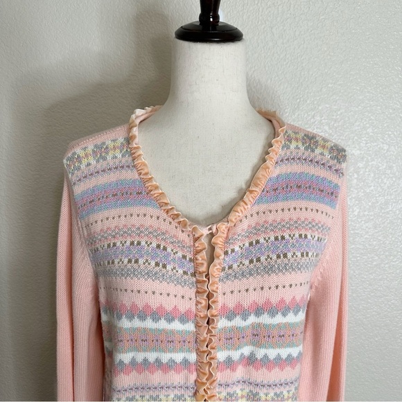Crazy Horse Liz Claiborne Vintage Velvet Ruffle Pink Knit Cardigan, Size XL - Picture 4 of 13